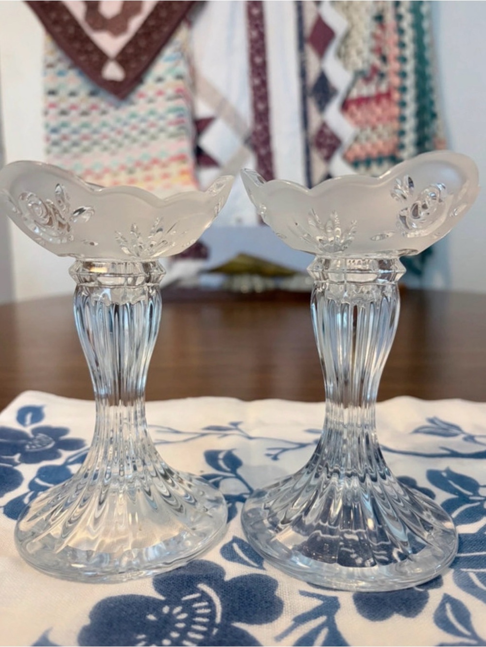 Oneida Clear Frosted Rim Etched Crystal Glass Candlesticks, Pair